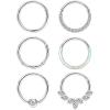 Jstyle 6Pcs 16G 18G Septum Rings Surgical Steel Nose Rings Hoop for Women Opal CZ Daith Cartilage Hoop Earring Clicker Septum Jewelry Hinged Hoop Nose Ring Lip Helix Rook Tragus Piercing Jewelry(Silver)