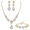 Jstyle Rhinestone Bridal Jewelry Set Necklace Bracelet Clip On Earrings for Brides Bridesmaid Cluster Crystal Teardrop Pendants Jewelry Set for Wedding Prom(Gold Tone)