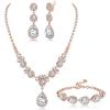 Jstyle Rhinestone Bridal Jewelry Set Necklace Bracelet Clip On Earrings for Brides Bridesmaid Cluster Crystal Teardrop Pendants Jewelry Set for Wedding Prom(Rose Gold Tone)