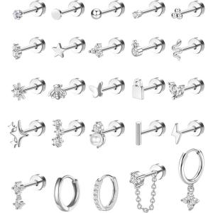 Jstyle 25 Pcs Hypoallergenic Earrings for Sensitive Ears Surgical Stainless Steel Earrings for Women Dainty Flat Back Earring Studs Hoop Cartilage Earring for Multiple Piercing-Single(Silver Tone-Clear CZ-25 Pieces)