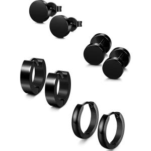 Jstyle 4 Pairs Hypoallergenic Stainless Steel Earrings For Sensitive Ears Simple Stud and Hoop Earrings Huggie Earring Set 18G(Black Tone)