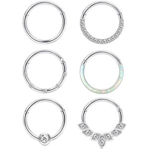 Jstyle 6Pcs 16G 18G Septum Rings Surgical Steel Nose Rings Hoop for Women Opal CZ Daith Cartilage Hoop Earring Clicker Septum Jewelry Hinged Hoop Nose Ring Lip Helix Rook Tragus Piercing Jewelry(Silver)