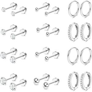 Jstyle Hypoallergenic 14K Gold Plated Flat Back Earrings for Women Men Surgical Stainless Steel Earrings for Sensitive Ears Small Stud Hoop Cartilage Earring Stack Set for Multiple Piercing Jewelry(Silver Plated – CZ)