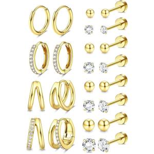 Jstyle Hypoallergenic 14K Gold Plated Stud Hoop Earrings for Women Men Surgical Stainless Steel Flat Back Earrings Small Huggie Hoops Cartilage Earring Set for Multiple Piercing Jewelry Gift for Women(14K Gold Plating)