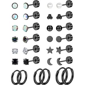Jstyle Hypoallergenic Flat Back Stud Earrings for Women Men Surgical Stainless Steel Earrings for Sensitive Ears Small Stud Hoop Silver Gold Black Earrings Cartilage Earring Set for Multiple Piercing(Black)