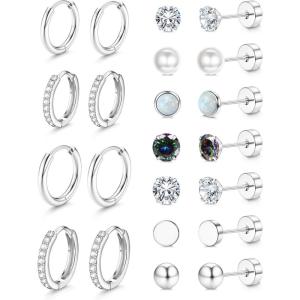 Jstyle Hypoallergenic Stud Hoop Earrings for Women Small Flat Back Surgical Stainless Steel Earrings for Sensitive Ears Trendy Silver Hoops Cartilage Earring Stacks Set Multiple Piercing Jewelry Gifts(Silver Tone – with Sterling Silver Post)