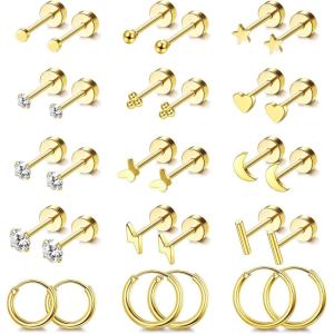 Jstyle Hypoallergenic Surgical Steel Earrings for Sensitive Ears 14K Gold Flat Back Stud Earrings for Women Men Small Stainless Steel Stud Hoop Screw Back Cartilage Earring Set for Multiple Piercing(Gold)