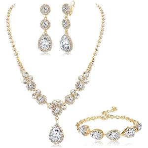 Jstyle Rhinestone Bridal Jewelry Set Necklace Bracelet Clip On Earrings for Brides Bridesmaid Cluster Crystal Teardrop Pendants Jewelry Set for Wedding Prom(Gold Tone)