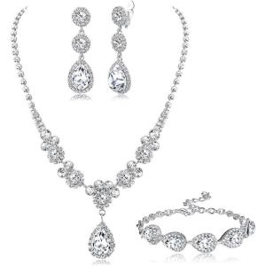 Jstyle Rhinestone Bridal Jewelry Set Necklace Bracelet Clip On Earrings for Brides Bridesmaid Cluster Crystal Teardrop Pendants Jewelry Set for Wedding Prom(Silver Tone)