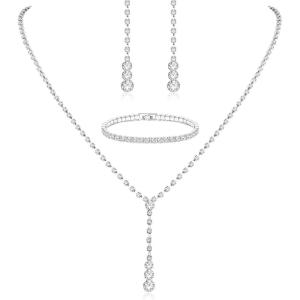 Jstyle Silver Bridal Jewelry Set for Women Rhinestone Necklace Dangle Earrings Bracelet Set Wedding Jewelry Sets for Brides Bridesmaid Crystal Prom Costume Jewelry Accessories for Women(Elegant Style)
