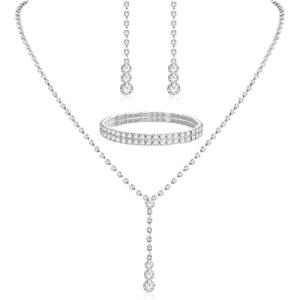 Jstyle Silver Bridal Wedding Jewelry Set Crystal Necklace Bracelet Dangle Earrings Set for Bride Bridesmaid Rhinestone Necklace Prom Costume Jewelry Set Accessories for Women(Elegant Style)