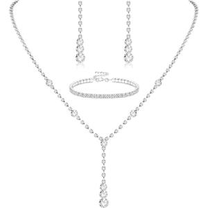 Jstyle Silver Plated Jewelry Set for Women Rhinestone Crystal Necklace Drop Earrings Link Bangle Bracelet Bridal Wedding Jewelry Sets for Brides Bridemaid Prom Costume Accessories(Silver Plated 4)