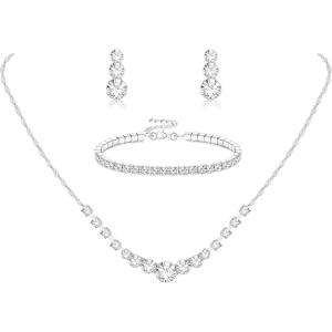 Jstyle Silver Plated Jewelry Set for Women Rhinestone Crystal Necklace Drop Earrings Link Bangle Bracelet Bridal Wedding Jewelry Sets for Brides Bridemaid Prom Costume Accessories(Silver Plated 2)