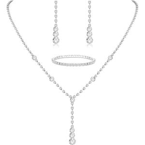 Jstyle Silver Plated Jewelry Set for Women Rhinestone Crystal Necklace Drop Earrings Link Bangle Bracelet Bridal Wedding Jewelry Sets for Brides Bridemaid Prom Costume Accessories(Silver Plated)