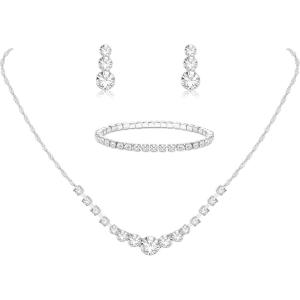 Jstyle Silver Plated Jewelry Set for Women Rhinestone Crystal Necklace Drop Earrings Link Bangle Bracelet Bridal Wedding Jewelry Sets for Brides Bridemaid Prom Costume Accessories(Silver Plated 1)