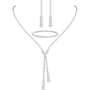Jstyle Silver Plated Plated Jewelry Set Wedding Jewelry Sets for Brides Bridesmaid Rhinestone Crystal Necklace Dangle Earrings Bracelet Set Bridal Wedding Prom Formal Costume Jewelry for Women(Silver Plated 3)