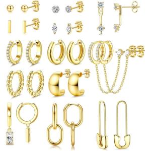 Jstyle Small Gold Hoop Earrings Set for Women, 14k Gold Plated Hoop Studs Earrings for Women, Hypoallergenic Dainty Gold Earrings for Gift(14K Gold Plated)