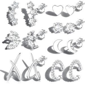 Jstyle 14K Gold Plated Earrings for Women Trendy Hypoallergenic Surgical Steel Earring Stacks Cartilage Earring Sets for Multiple Piercing Small Cute CZ Studs Cuffs Women’s Dainty Jewelry Gifts(Silver Plated)