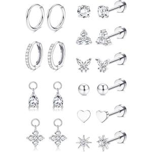 Jstyle Small Gold Stud Hoop Earrings for Women 14K Gold Hypoallergenic Surgical Steel Earrings for Sensitive Ears Silver Flat Back Cartilage Earring Stacks with Charms for Multiple Piercing Jewelry(Silver Tone)