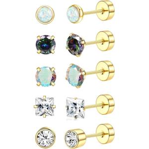 Jstyle Surgical Steel Earrings for Women Men Hypoallergenic Stud Earrings for Sensitive Ears Flat Back Earrings Stud 20G Stainless Steel Cartilage Earring Opal CZ Small Flatback Stud Earrings Women(Gold)