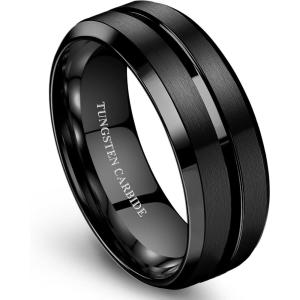 Jstyle Tungsten Wedding Rings for Men Black/Silver/Gold Mens Wedding Band 8MM Mens Engagement Rings Groove Beveled Edges High Polish/Matte Finish Men’s Promise Ring Comfort Fit Size 7-14(Black Tone)