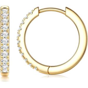Jstyle 14K Gold Hoop Earrings for Women, Hypoallergenic 14K Gold Post Earrings, Lightweight Small Hoop Earring for Women With Sparkly Moissanite, Nickel Free Huggie Hoops Earring 10/12/14mm(12MM)